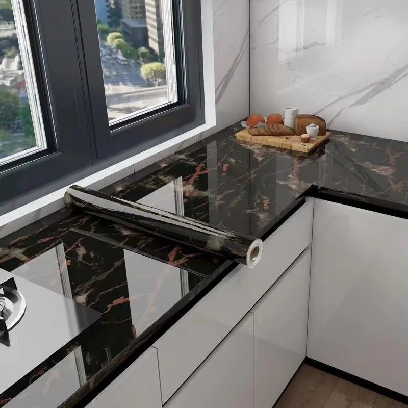 Black and White Marble Oil Resistant Sticker Waterproof Self-adhesive Wallpaper Heat-resistant Home Renovation Glossy Wallpaper