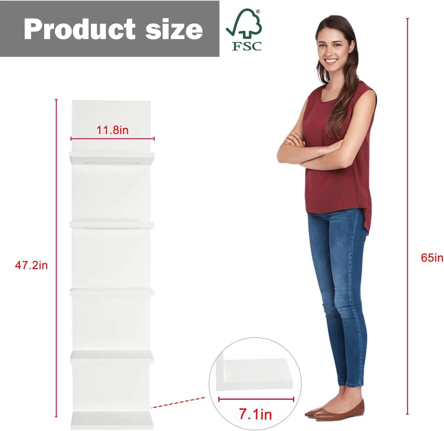 5 Tier Wall Shelf with RGB Light,Modern Wall Mount Lack Shelf,Vertical Column Shelf Floating Storage Home Decor Organizer ,White