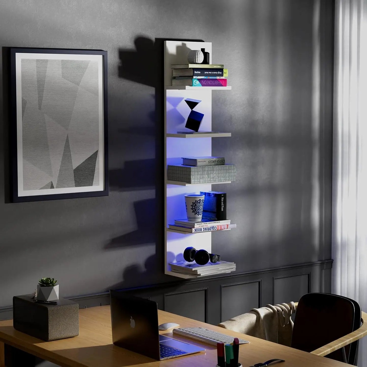5 Tier Wall Shelf with RGB Light,Modern Wall Mount Lack Shelf,Vertical Column Shelf Floating Storage Home Decor Organizer ,White