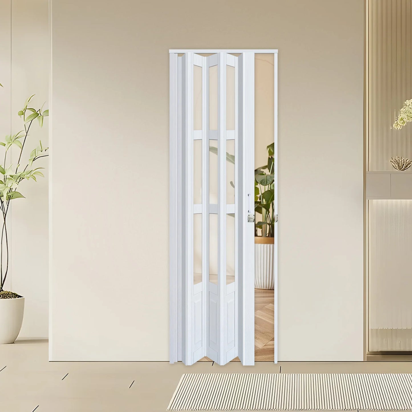 Accordion Door with Clear Panels, Interior Folding Door Includes Hardware and Lock, White Multifold Interior Doors