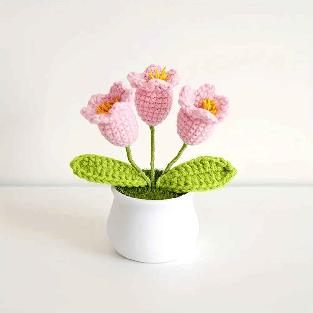 Boutique handmade woven 3-head lily of the valley potted home decoration, knitted simulation flower yarn hook woven lily of the