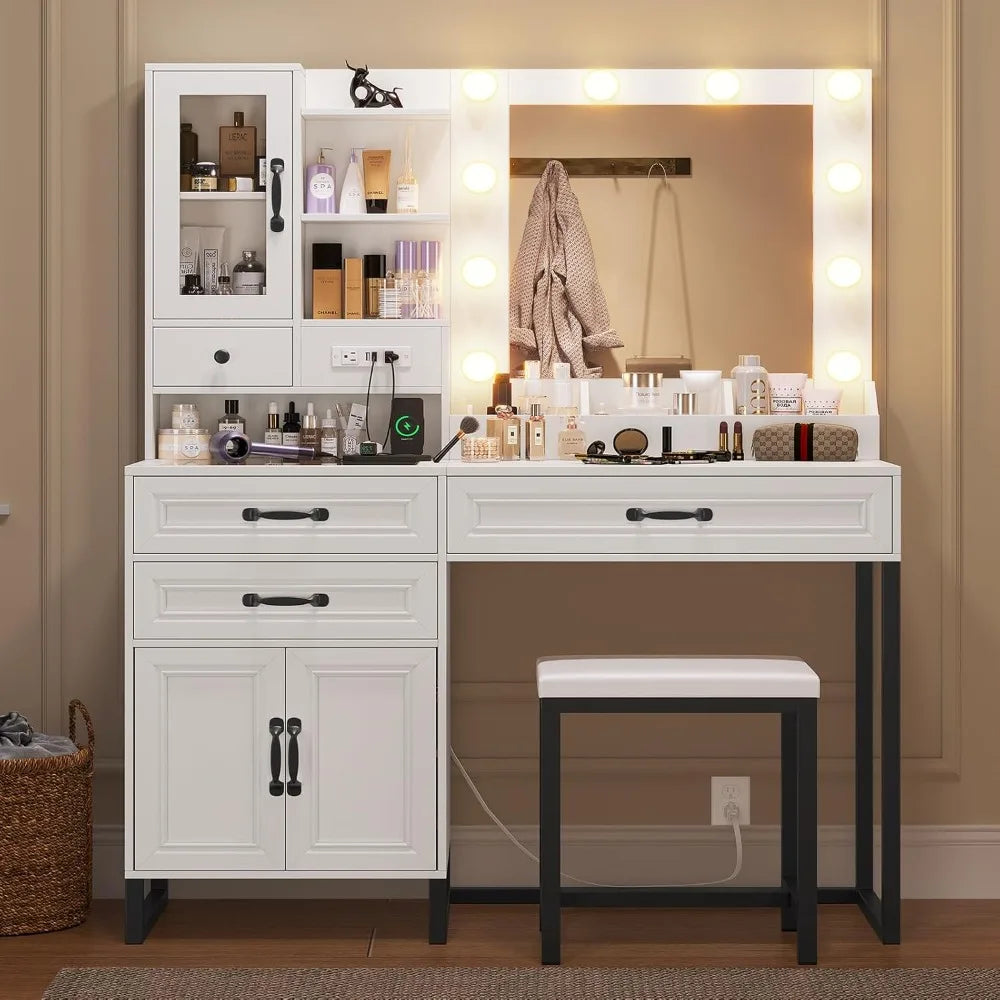 Makeup Vanity Desk with Mirror and Lights & Stool, Glass Top Vanity Table Set with Charging Station, 4 Stoarge Drawers & Cabinet