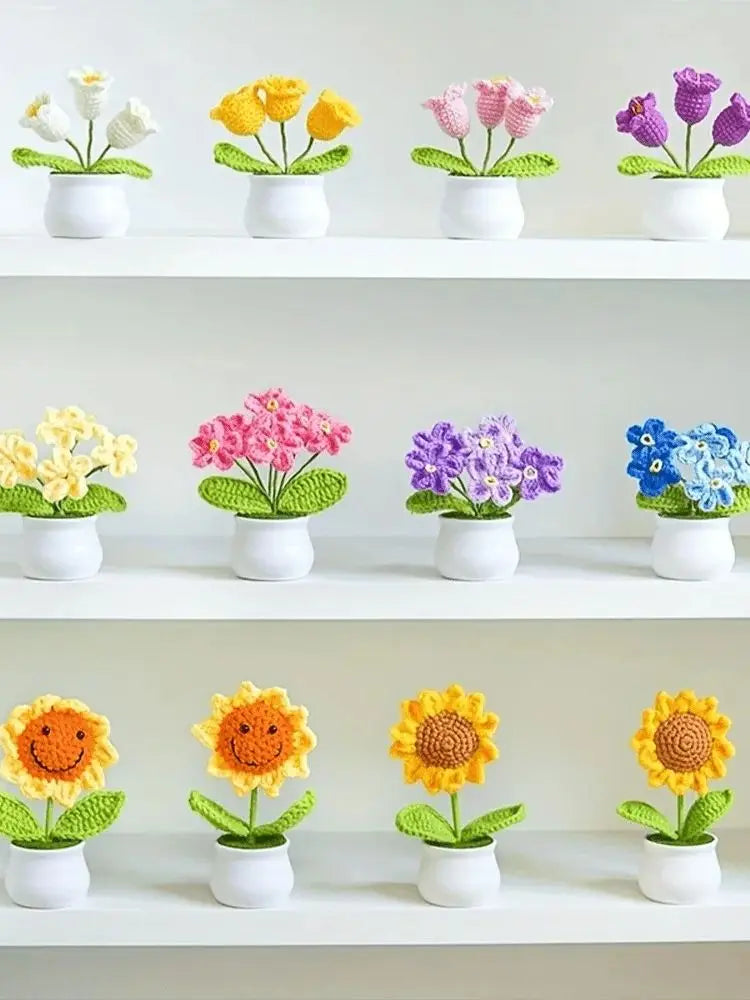 Boutique handmade woven 3-head lily of the valley potted home decoration, knitted simulation flower yarn hook woven lily of the