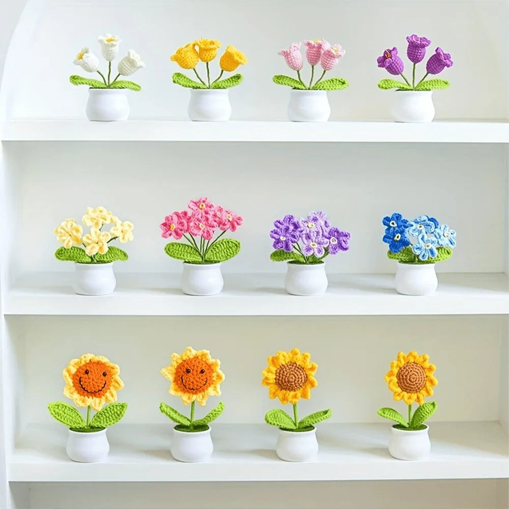 Boutique handmade woven 3-head lily of the valley potted home decoration, knitted simulation flower yarn hook woven lily of the