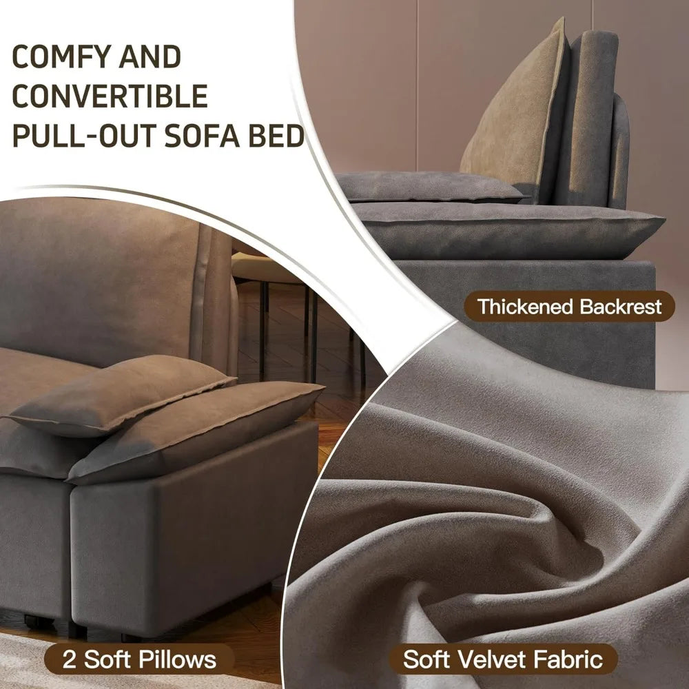 Sofa Bed 70.1" Queen Pull Out , Pull Out Bed,3 in 1 Sleeper Sofa, Velvet Loveseat Couch 2 Soft Pillows Living Room(Grey, 70.1'')