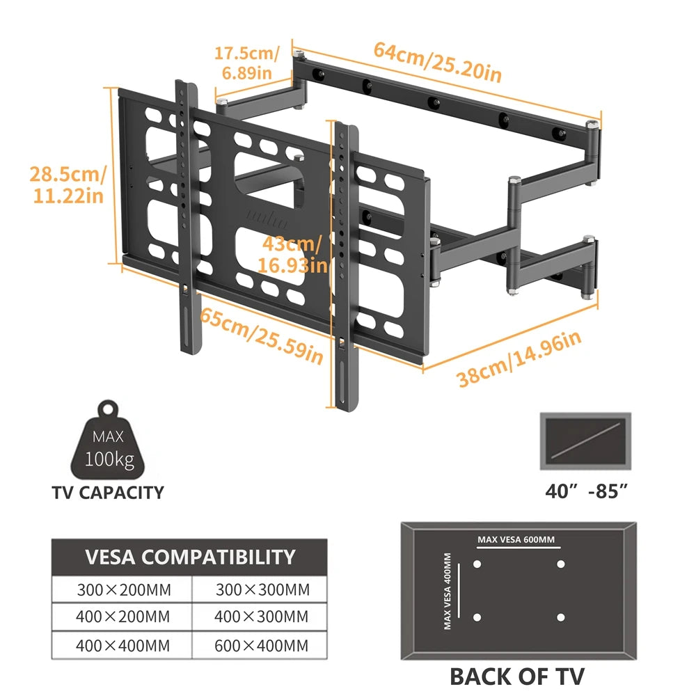 Full Motion Articulating TV Mount Wall Bracket for 40-85 Inches Swivel Left and Right