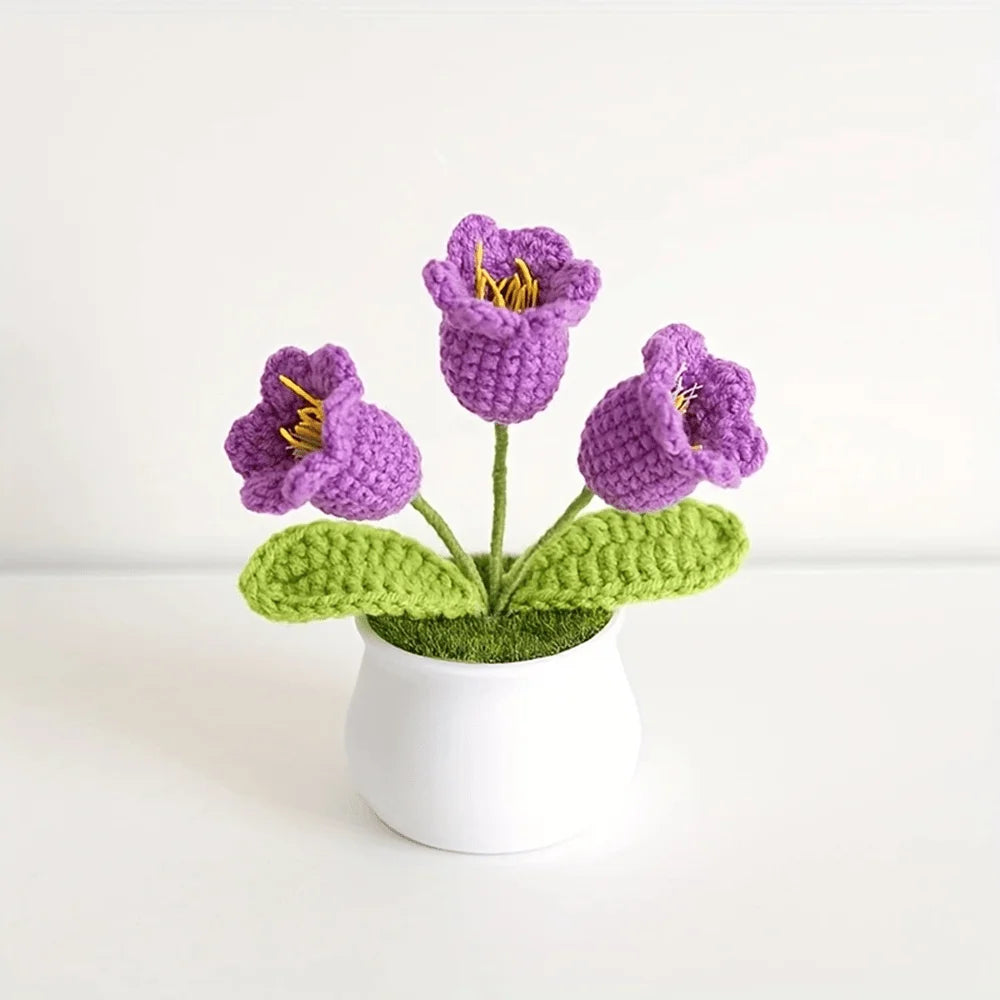 Boutique handmade woven 3-head lily of the valley potted home decoration, knitted simulation flower yarn hook woven lily of the