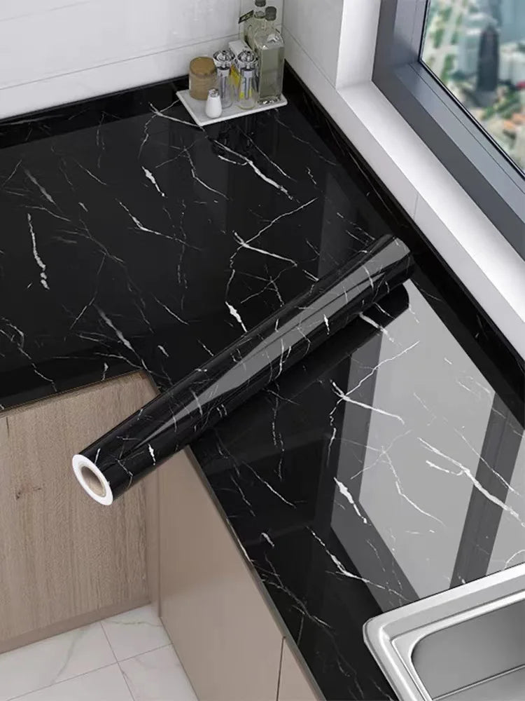 Black and White Marble Oil Resistant Sticker Waterproof Self-adhesive Wallpaper Heat-resistant Home Renovation Glossy Wallpaper
