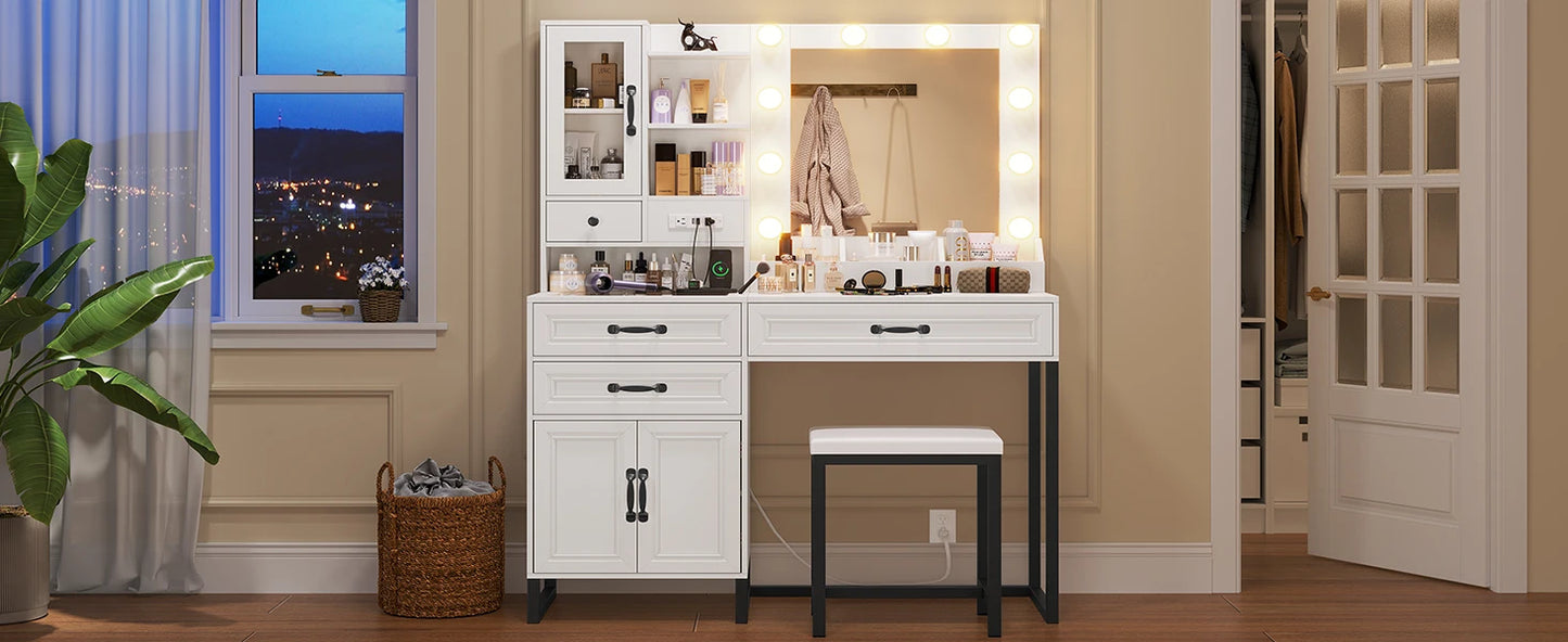Makeup Vanity Desk with Mirror and Lights & Stool, Glass Top Vanity Table Set with Charging Station, 4 Stoarge Drawers & Cabinet