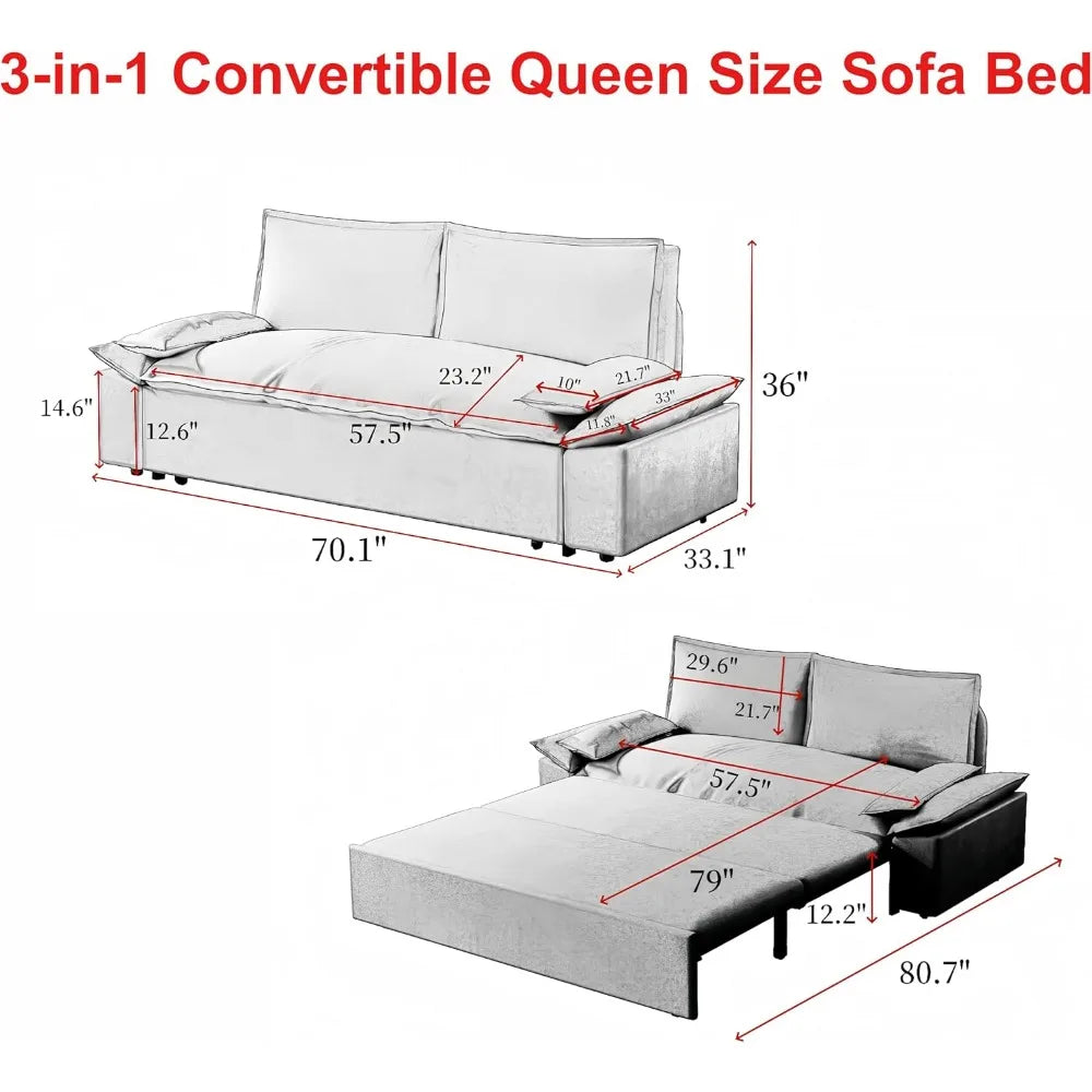 Sofa Bed 70.1" Queen Pull Out , Pull Out Bed,3 in 1 Sleeper Sofa, Velvet Loveseat Couch 2 Soft Pillows Living Room(Grey, 70.1'')