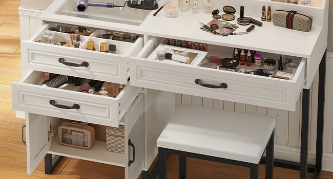 Makeup Vanity Desk with Mirror and Lights & Stool, Glass Top Vanity Table Set with Charging Station, 4 Stoarge Drawers & Cabinet