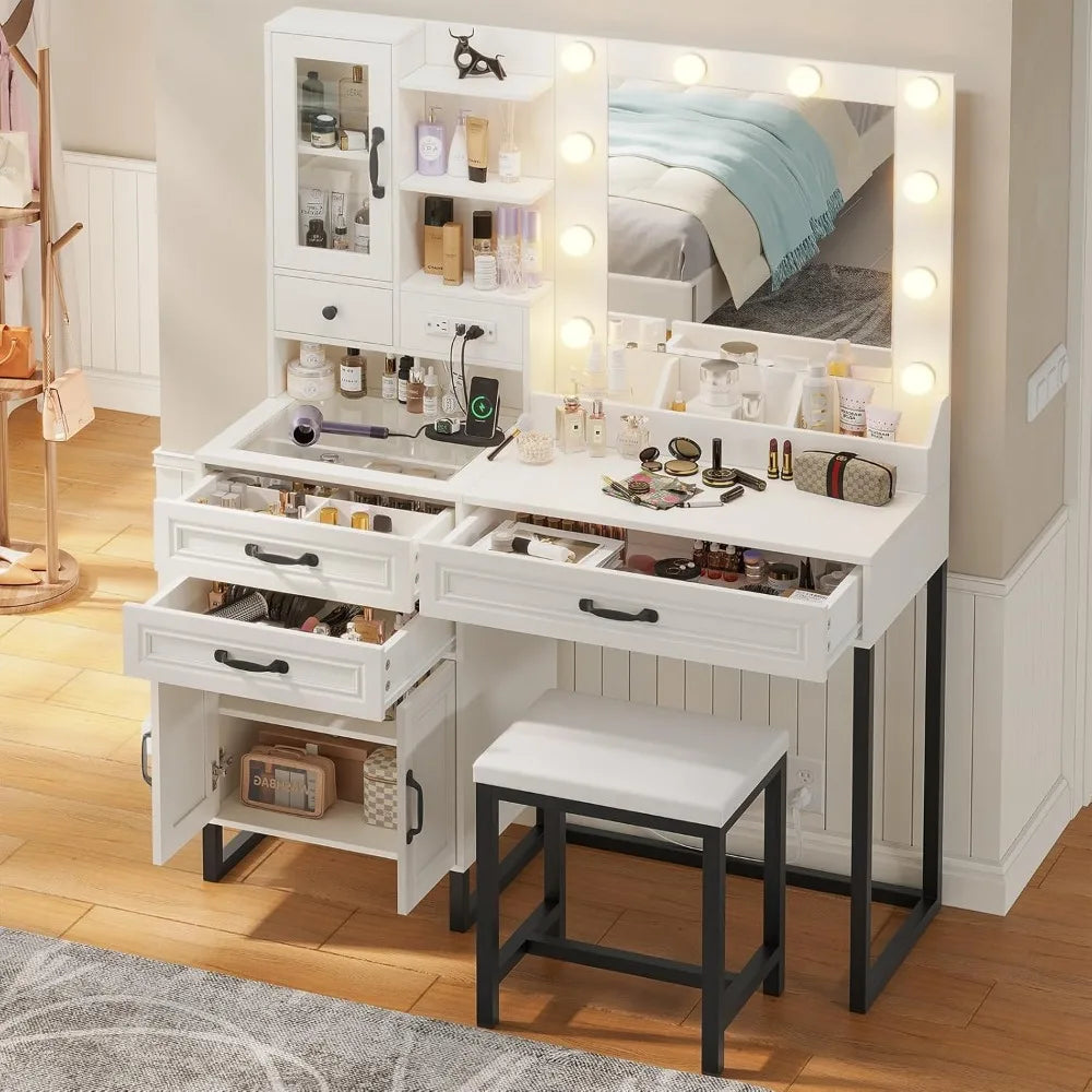 Makeup Vanity Desk with Mirror and Lights & Stool, Glass Top Vanity Table Set with Charging Station, 4 Stoarge Drawers & Cabinet