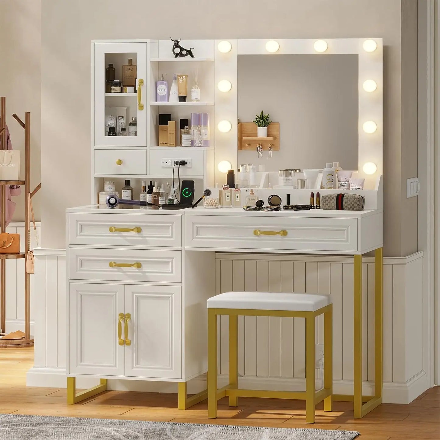 Makeup Vanity Desk with Mirror and Lights & Stool, Glass Top Vanity Table Set with Charging Station, 4 Stoarge Drawers & Cabinet