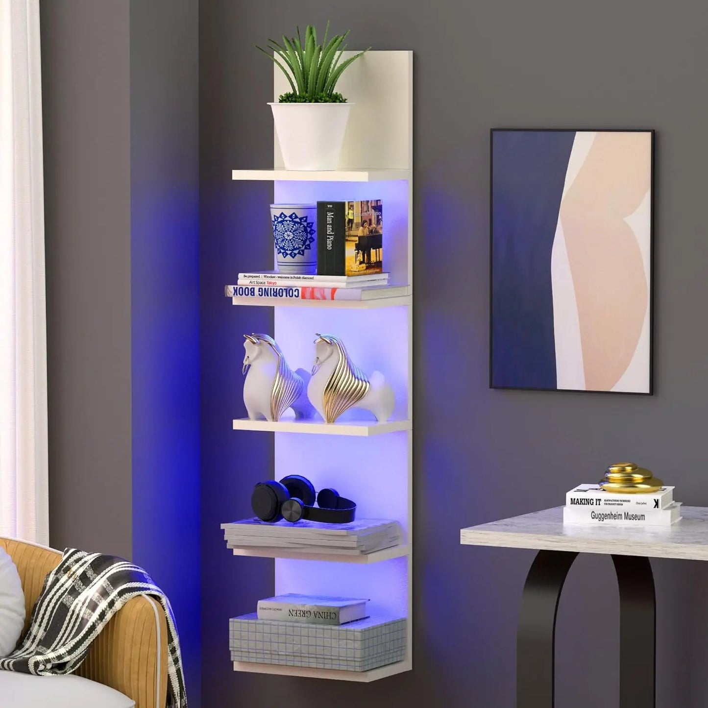 5 Tier Wall Shelf with RGB Light,Modern Wall Mount Lack Shelf,Vertical Column Shelf Floating Storage Home Decor Organizer ,White