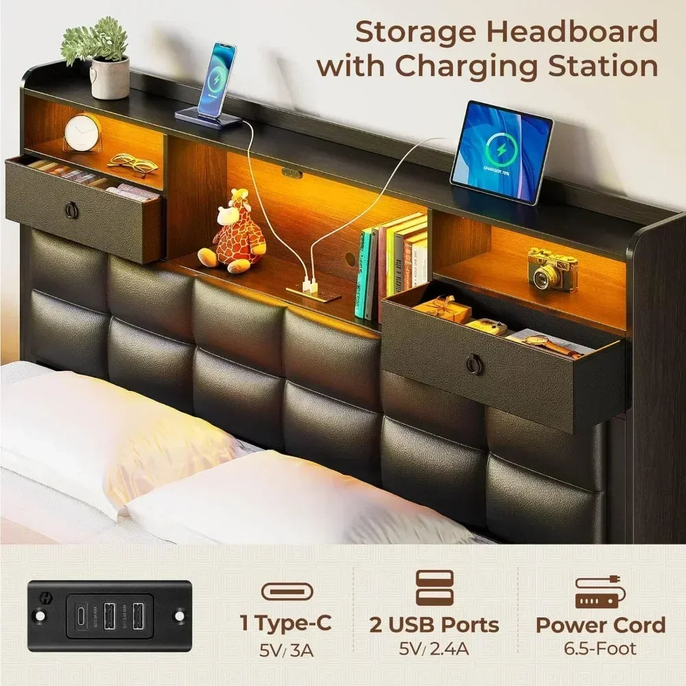 Bed Frame with Drawers and Charging Station, Upholstered Platform Bed with Storage Headboard and LED Light,Bed Frames