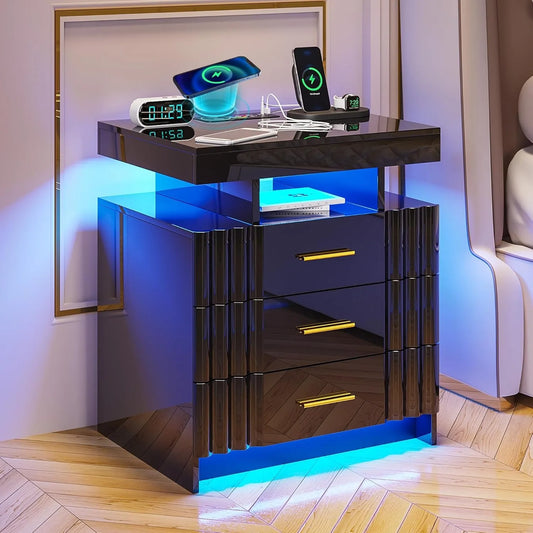 Nightstand with Charging Station, LED Night Stand with 3 Drawers , Auto Sensor 24-Color Lights/Wireless/Type-C/USB Charging