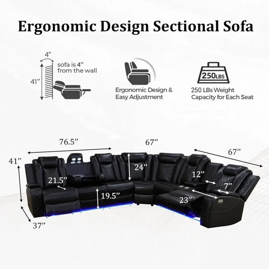 Recliner Sectional Sofa , Reclining Sectional Couch, Breathing Leather Sofa Couch with USB Port&Cup Holder for Living Room Sofa