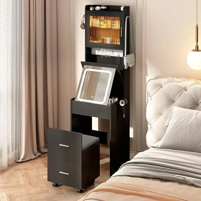 3 in 1 Vanity Desk with Fold-up Panel Lighted Mirror, Small Vanity Table Set with Hidden Storage Stool Charging Station