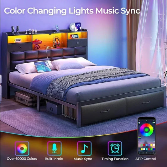 Bed Frame with Drawers and Charging Station, Upholstered Platform Bed with Storage Headboard and LED Light,Bed Frames