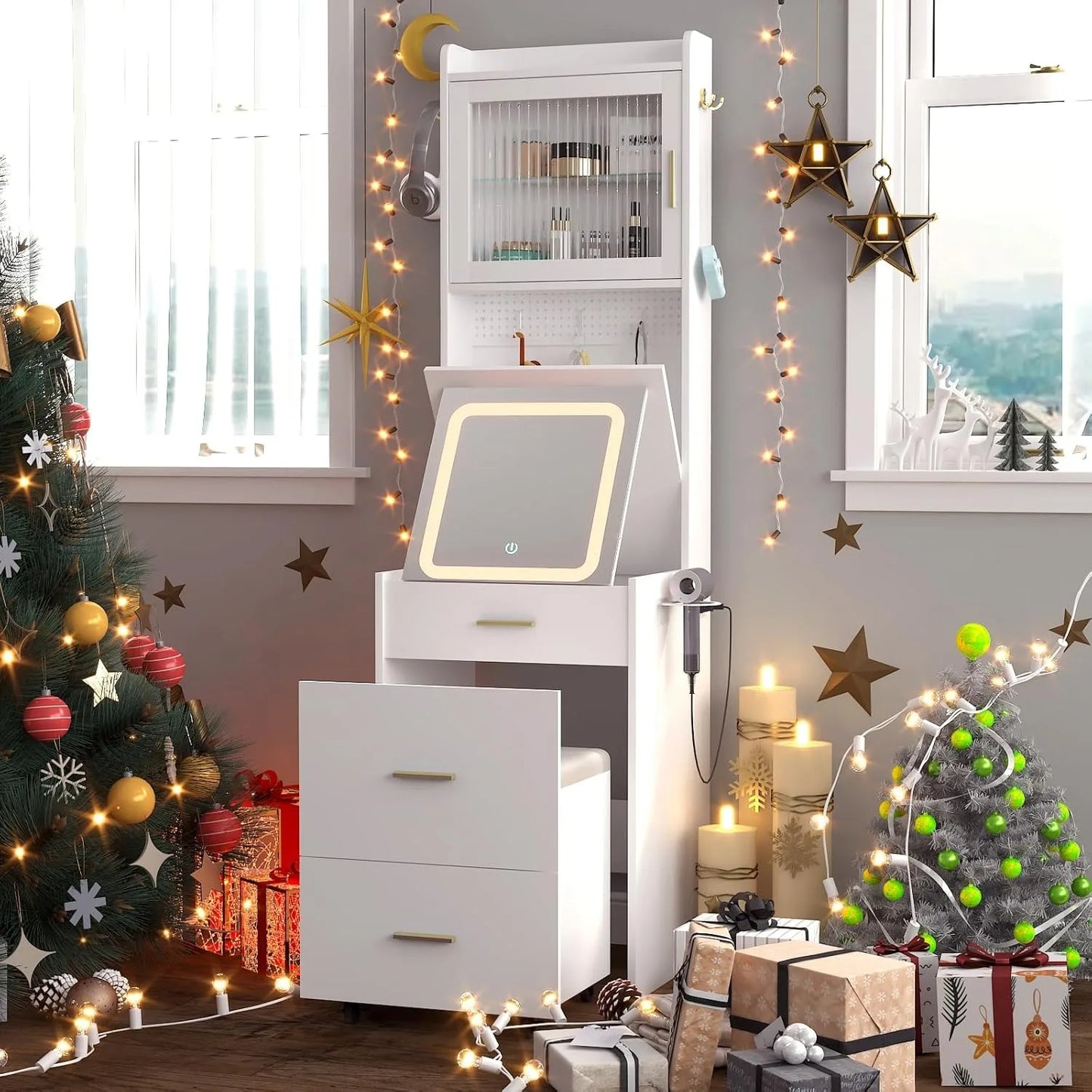 3 in 1 Vanity Desk with Fold-up Panel Lighted Mirror, Small Vanity Table Set with Hidden Storage Stool Charging Station