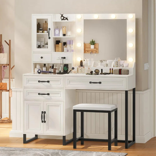 Makeup Vanity Desk with Mirror and Lights & Stool, Glass Top Vanity Table Set with Charging Station, 4 Stoarge Drawers & Cabinet