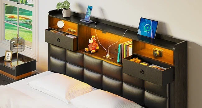 Bed Frame with Drawers and Charging Station, Upholstered Platform Bed with Storage Headboard and LED Light,Bed Frames