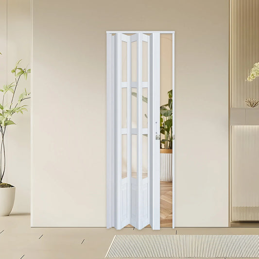 Accordion Door with Clear Panels, Interior Folding Door Includes Hardware and Lock, White Multifold Interior Doors