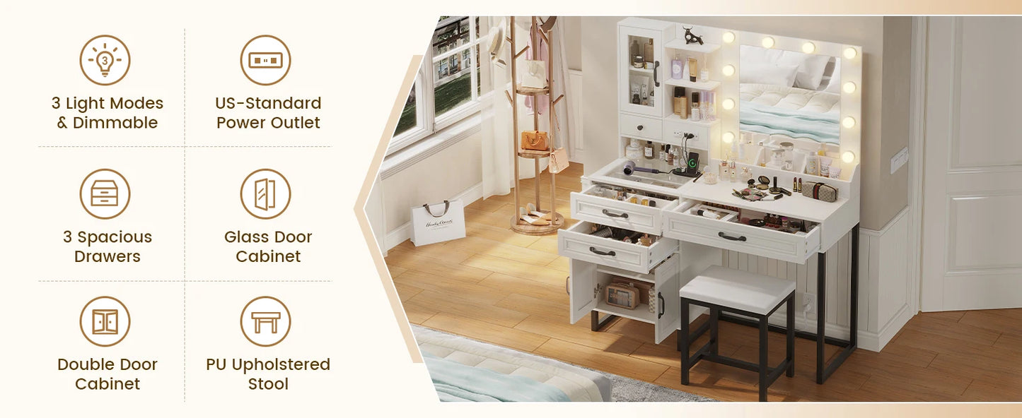Makeup Vanity Desk with Mirror and Lights & Stool, Glass Top Vanity Table Set with Charging Station, 4 Stoarge Drawers & Cabinet
