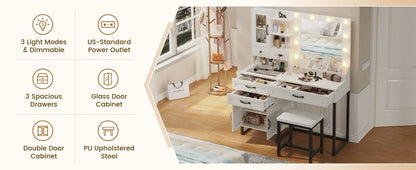 Makeup Vanity Desk with Mirror and Lights & Stool, Glass Top Vanity Table Set with Charging Station, 4 Stoarge Drawers & Cabinet