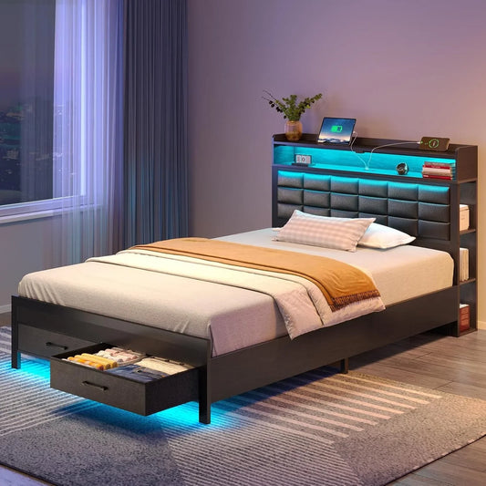 Bed Frame with Storage Headboard & 2 Drawers,Upholstered Platform Bed with Charging Station & LED Light,Heavy Duty Frame Support