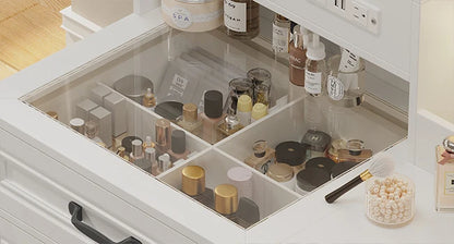 Makeup Vanity Desk with Mirror and Lights & Stool, Glass Top Vanity Table Set with Charging Station, 4 Stoarge Drawers & Cabinet
