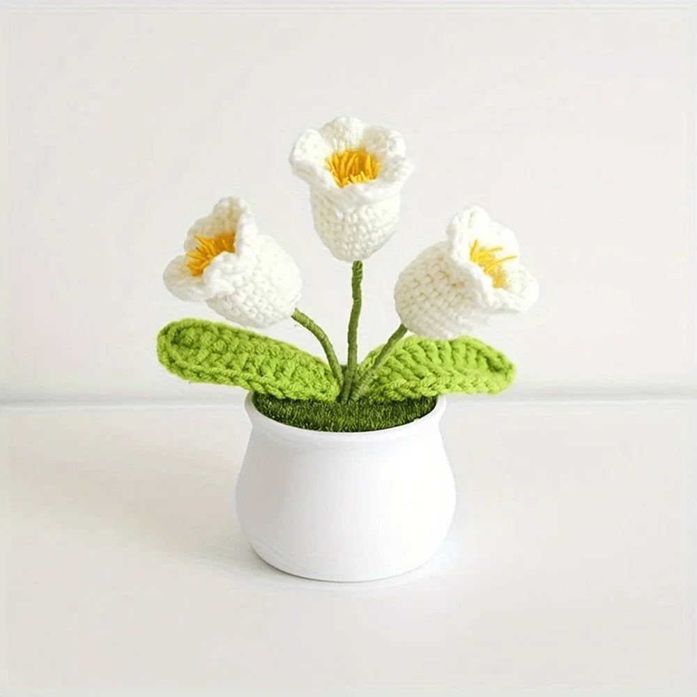 Boutique handmade woven 3-head lily of the valley potted home decoration, knitted simulation flower yarn hook woven lily of the