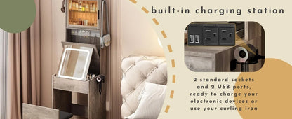 3 in 1 Vanity Desk with Fold-up Panel Lighted Mirror, Small Vanity Table Set with Hidden Storage Stool Charging Station
