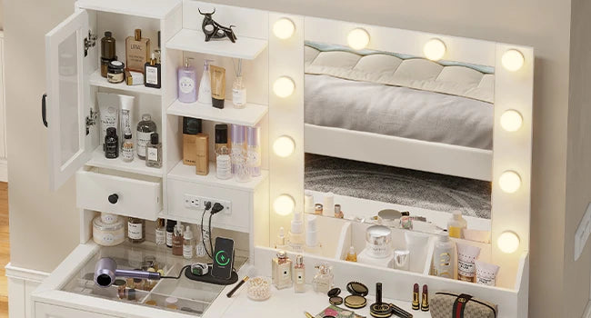 Makeup Vanity Desk with Mirror and Lights & Stool, Glass Top Vanity Table Set with Charging Station, 4 Stoarge Drawers & Cabinet