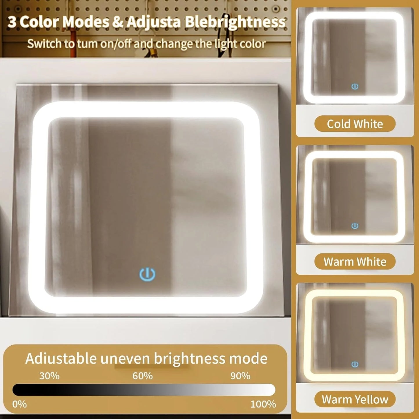 3 in 1 Vanity Desk with Fold-up Panel Lighted Mirror, Small Vanity Table Set with Hidden Storage Stool Charging Station