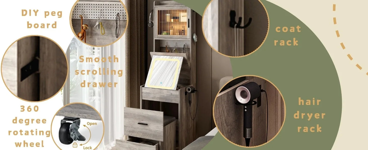 3 in 1 Vanity Desk with Fold-up Panel Lighted Mirror, Small Vanity Table Set with Hidden Storage Stool Charging Station