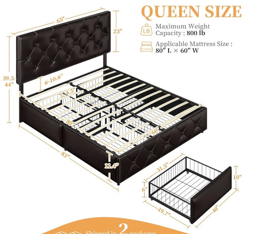 Queen Size Upholstered Bed Frame with 4 Drawers and Adjustable Headboard, Faux Leather Platform Bed with Mattress Foundation St
