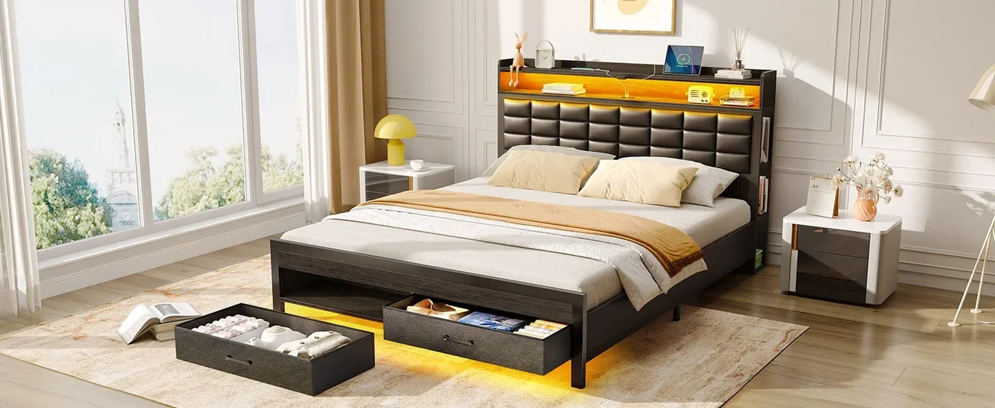 Bed Frame with Storage Headboard & 2 Drawers,Upholstered Platform Bed with Charging Station & LED Light,Heavy Duty Frame Support