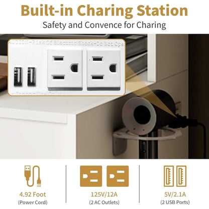 3 in 1 Vanity Desk with Fold-up Panel Lighted Mirror, Small Vanity Table Set with Hidden Storage Stool Charging Station