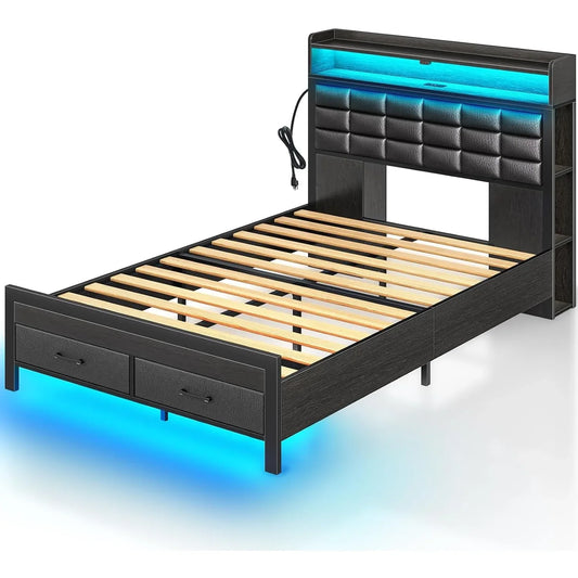 Bed Frame with Storage Headboard & 2 Drawers,Upholstered Platform Bed with Charging Station & LED Light,Heavy Duty Frame Support