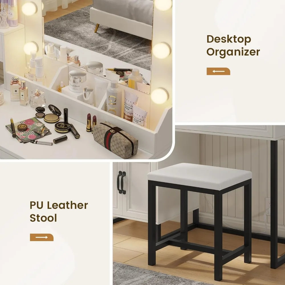 Makeup Vanity Desk with Mirror and Lights & Stool, Glass Top Vanity Table Set with Charging Station, 4 Stoarge Drawers & Cabinet