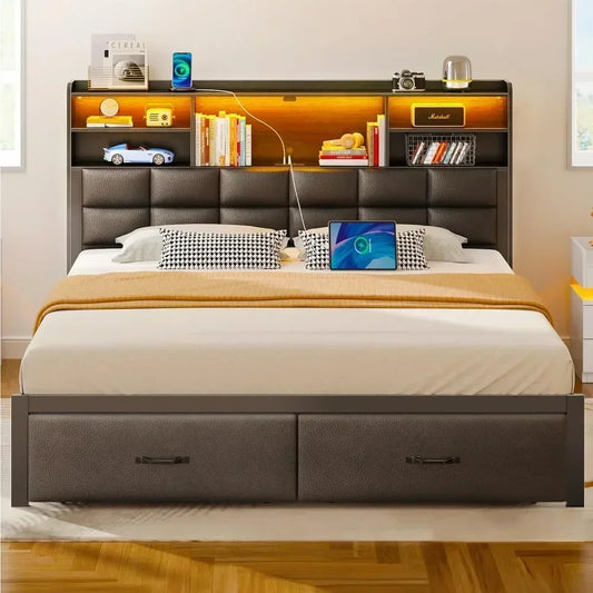 Bed Frame with Drawers and Charging Station, Upholstered Platform Bed with Storage Headboard and LED Light,Bed Frames