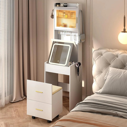 3 in 1 Vanity Desk with Fold-up Panel Lighted Mirror, Small Vanity Table Set with Hidden Storage Stool Charging Station