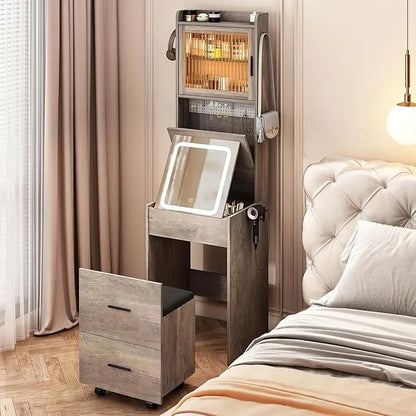 3 in 1 Vanity Desk with Fold-up Panel Lighted Mirror, Small Vanity Table Set with Hidden Storage Stool Charging Station
