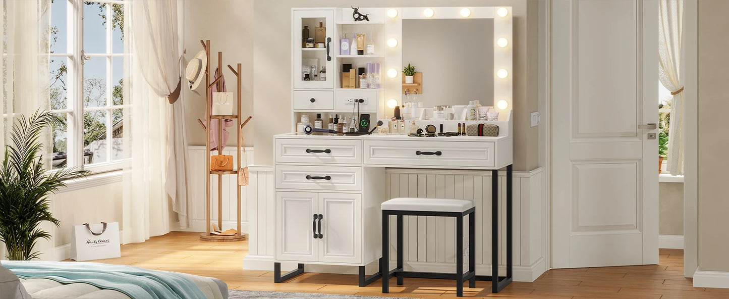 Makeup Vanity Desk with Mirror and Lights & Stool, Glass Top Vanity Table Set with Charging Station, 4 Stoarge Drawers & Cabinet