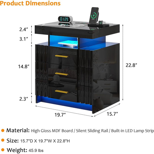 Nightstand with Charging Station, LED Night Stand with 3 Drawers , Auto Sensor 24-Color Lights/Wireless/Type-C/USB Charging