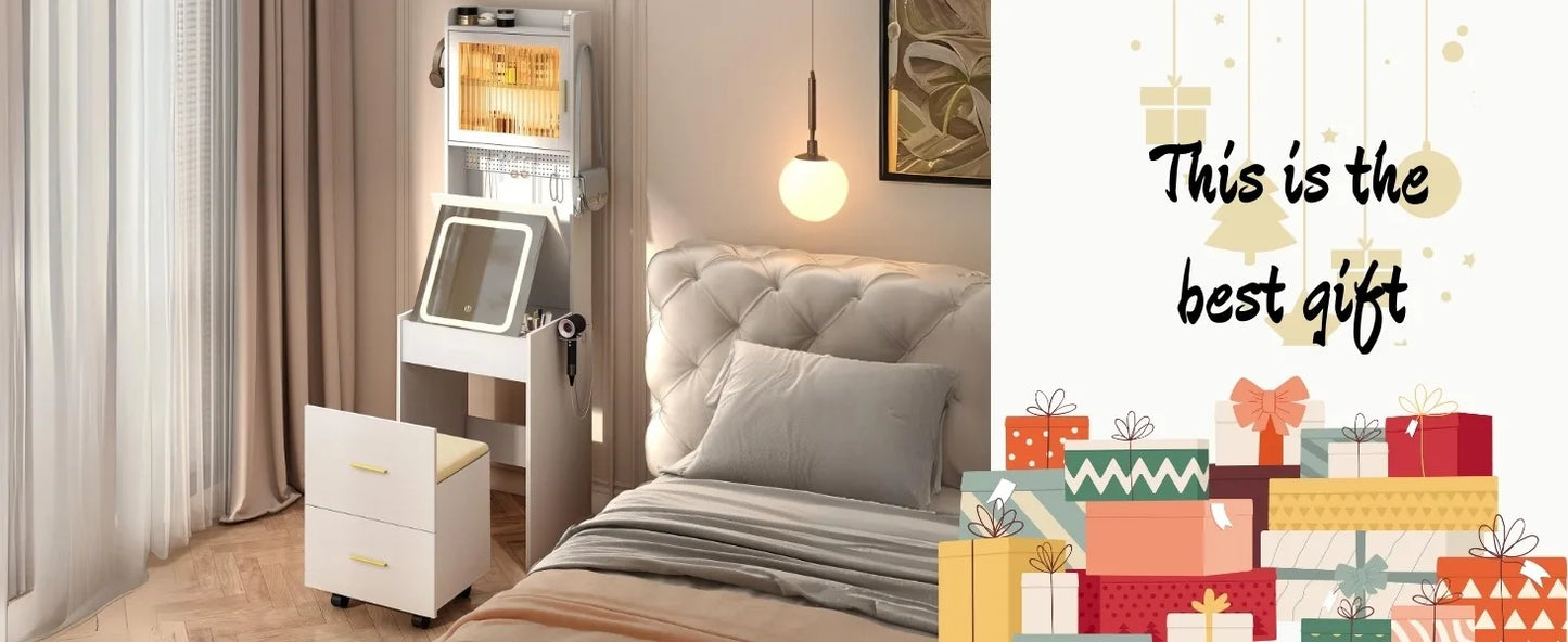 3 in 1 Vanity Desk with Fold-up Panel Lighted Mirror, Small Vanity Table Set with Hidden Storage Stool Charging Station