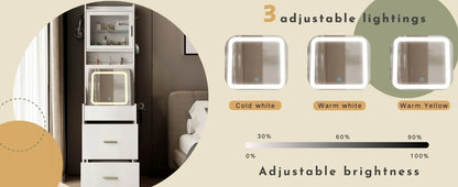 3 in 1 Vanity Desk with Fold-up Panel Lighted Mirror, Small Vanity Table Set with Hidden Storage Stool Charging Station